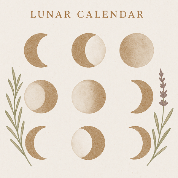 Minimalist lunar calendar illustration showing the eight phases of the moon in soft earth tones with botanical accents of rosemary and lavender