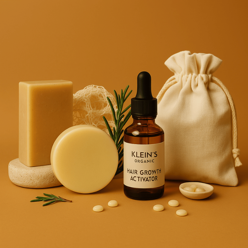 a beautiful image of a collection of Klein's organic products featuring solid moisturising body butter and more on an orange background