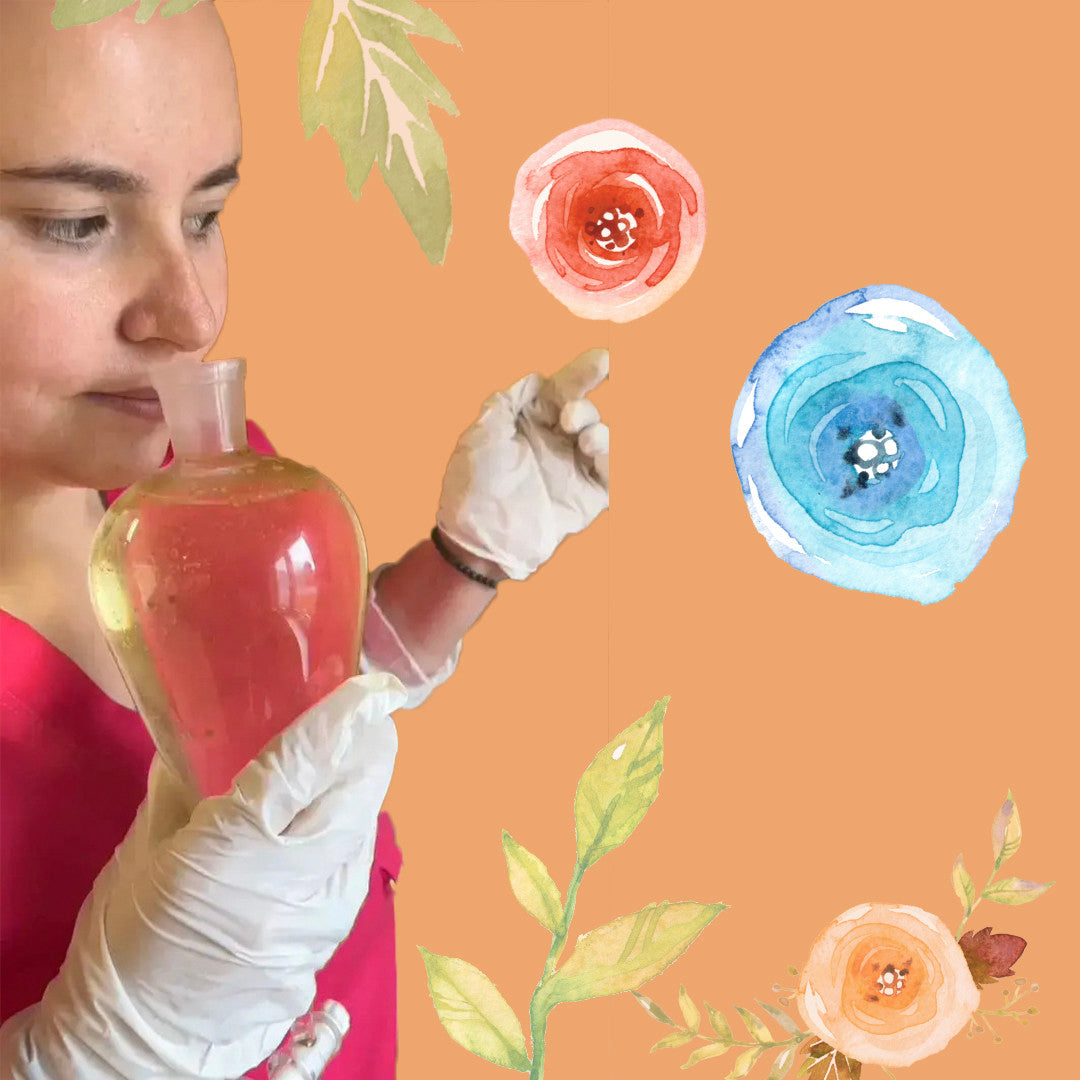 Split-screen image highlighting the use of hydrolates in shampoo bars. On the left, Agnė Klein, chief creator at Klein’s Organic, examines a glass bottle of golden liquid while wearing a pink lab coat and gloves. The warm orange background features watercolor flowers. On the right, text reads: 'REASON 7 - Hydrolates Instead of Water,' explaining how nutrient-rich hydrolates replace water, preserving essential oils and antioxidants through a low-heat process for healthier, shinier hair.