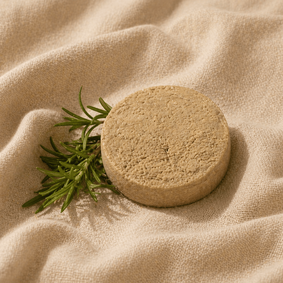 Round dark green shampoo bar with green leafy herb on a beige fabric background
