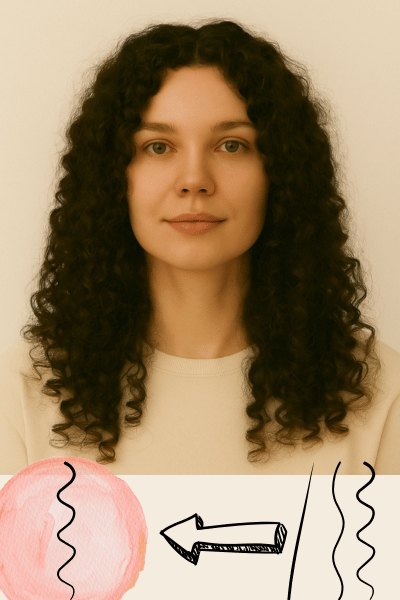 Curly hair – woman with defined curls, arrow graphic, using solid shampoo bar on scalp