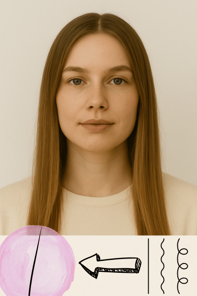 Straight hair – woman with long smooth hair, arrow graphic, using solid shampoo bar