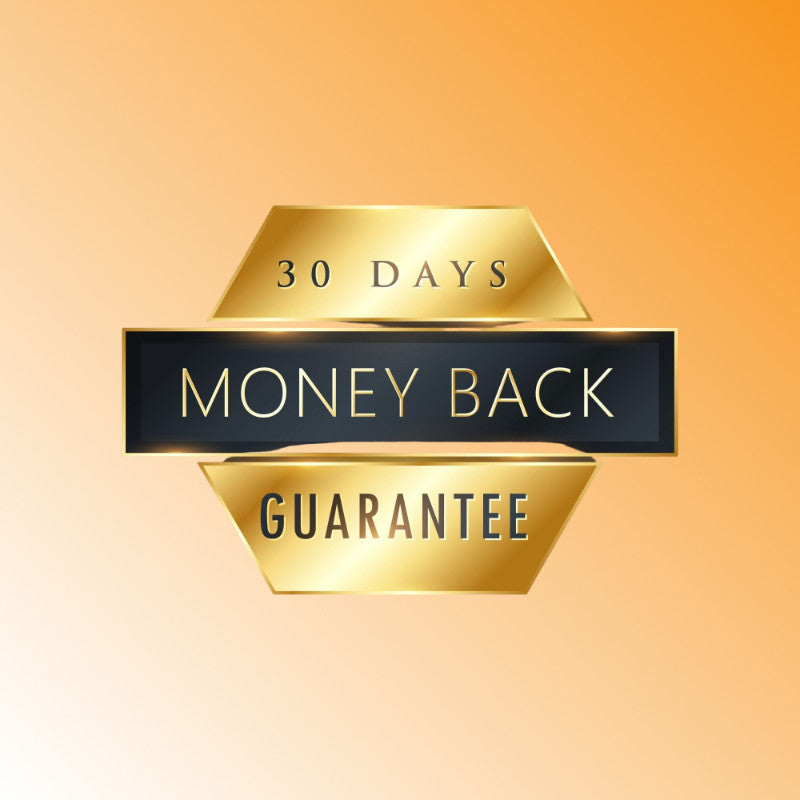 Split-screen image highlighting a 30-day money-back guarantee. On the left, black text on a white background reads: 'REASON 8 - 30 Day Money Back Guarantee. No questions, no trouble. If you don't like it, just let us know & we'll refund you.' On the right, a gold and black badge displays '30 DAYS MONEY BACK GUARANTEE' against a warm orange gradient background