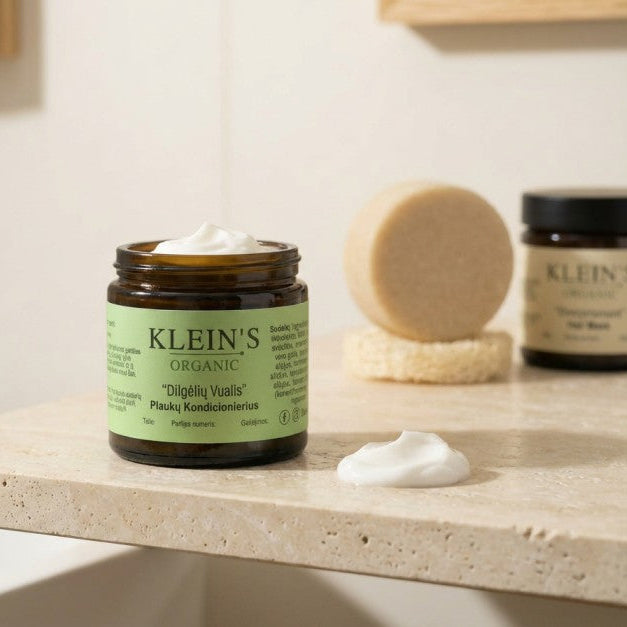 Klein's Organic skincare product on a wooden surface with a neutral background