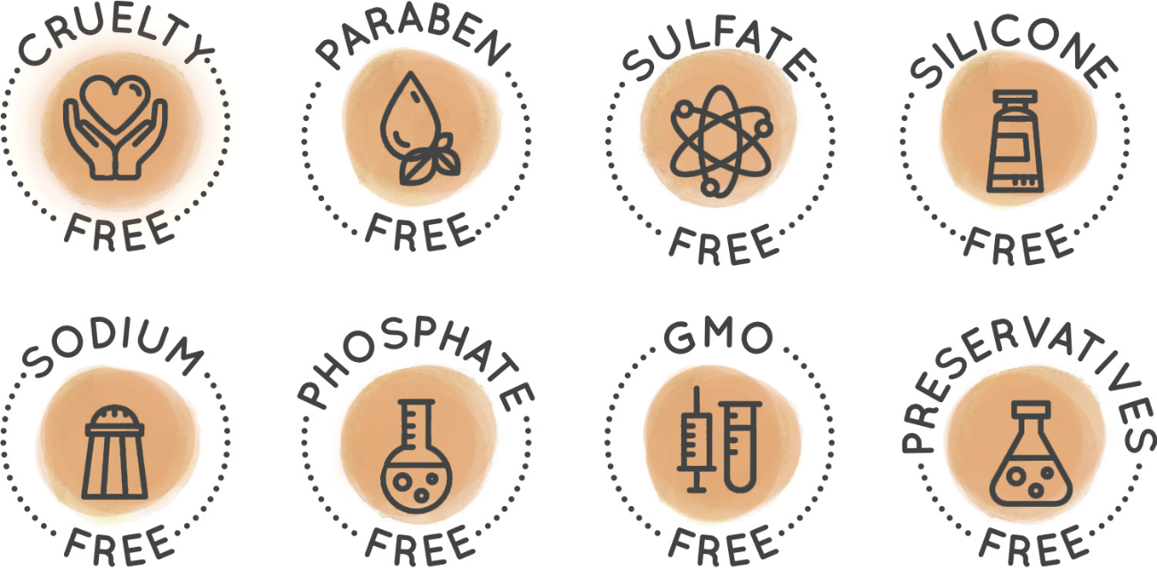 Eight circular icons with text indicating that the product is free from specific ingredients or harmful additives. Each icon has a black outline illustration on a beige watercolor-like background. The labels include: 'Cruelty-Free' (hands holding a heart), 'Paraben-Free' (a leaf and water droplet), 'Sulfate-Free' (an atomic structure), 'Silicone-Free' (a tube of cream), 'Sodium-Free' (a salt shaker), 'Phosphate-Free' (a chemical flask), 'GMO-Free' (two syring