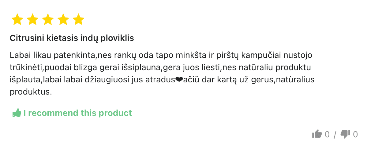 klientų atsiliepimas apie kietą indų plovimo muilą